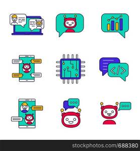Chatbots color icons set. Talkbots. Support service, chat, messenger bots. Modern robots. Digital brain and processor. Chatterbots. Isolated vector illustrations. Chatbots color icons set