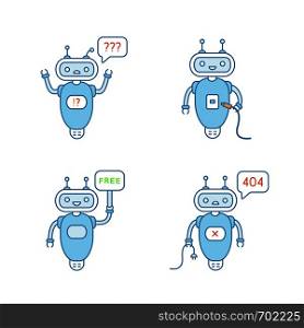Chatbots color icons set. Talkbots. Virtual assistants. Free, USB, question, not found chat bots. Modern robots. Isolated vector illustrations. Chatbots color icons set