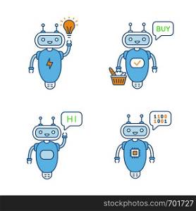 Chatbots color icons set. Talkbots. Virtual assistants. New idea, buy, hi, code chat bots. Modern robots. Isolated vector illustrations. Chatbots color icons set
