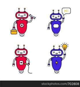 Chatbots color icons set. Talkbots. Virtual assistants. Repair, hi, USB, new idea chat bots. Modern robots. Isolated vector illustrations. Chatbots color icons set