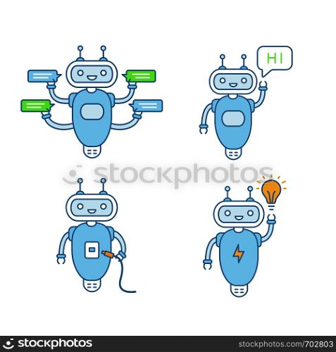 Chatbots color icons set. Talkbots. Virtual assistants. Support service, hi, USB, new idea chat bots. Modern robots. Isolated vector illustrations. Chatbots color icons set