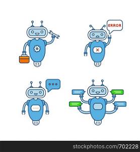 Chatbots color icons set. Talkbots. Virtual assistants. Support service, typing, error, repair chat bots. Modern robots. Isolated vector illustrations. Chatbots color icons set