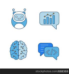 Chatbots color icons set. Virtual assistants. Code, statistics, support chat bots. Modern robots. Digital brain. Chatterbots. AI. Isolated vector illustrations. Chatbots color icons set