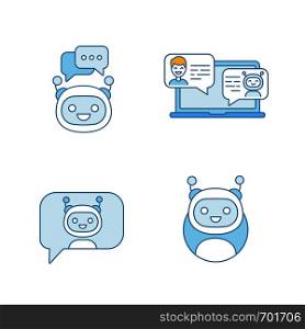 Chatbots color icons set. Virtual assistants. Messenger and chat bots. Modern robots. Smartphone and laptop chatterbots. Isolated vector illustrations. Chatbots color icons set