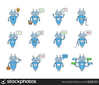 Chatbots color icons set. Virtual assistants. Talkbots. Chat, error, buy, free, repair, idea bots. Modern robots. Isolated vector illustrations. Chatbots color icons set