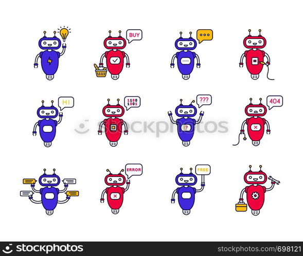 Chatbots color icons set. Virtual assistants. Talkbots. Chat, error, buy, free, repair, idea bots. Modern robots. Isolated vector illustrations. Chatbots color icons set