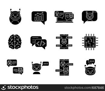 Chatbots glyph icons set. Silhouette symbols. Chat bots. Talkbots. Virtual assistants. Support, chat, code, messenger bots. Online helpers. Vector isolated illustration. Chatbots glyph icons set