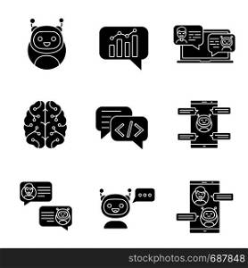 Chatbots glyph icons set. Silhouette symbols. Talkbots. Graph, support, code, messenger, chat bots. Modern robots. Chatterbots. Virtual assistants. Vector isolated illustration. Chatbots glyph icons set