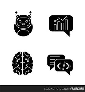 Chatbots glyph icons set. Silhouette symbols. Virtual assistants. Code, statistics, support chat bots. Modern robots. Digital brain. Chatterbots. AI. Vector isolated illustration. Chatbots glyph icons set