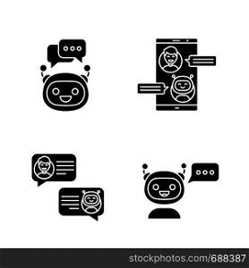Chatbots glyph icons set. Silhouette symbols. Virtual assistants. Messenger and chat bots. Modern robots. Smartphone chatterbots. Vector isolated illustration. Chatbots glyph icons set
