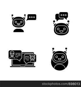 Chatbots glyph icons set. Silhouette symbols. Virtual assistants. Messenger and chat bots. Modern robots. Smartphone and laptop chatterbots. Vector isolated illustration. Chatbots glyph icons set