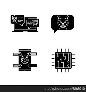 Chatbots glyph icons set. Silhouette symbols. Virtual assistants. Messenger and chat bots. Processor. Modern robots. Smartphone chatterbots. Vector isolated illustration. Chatbots glyph icons set