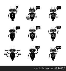 Chatbots glyph icons set. Talkbots. Idea, buy, text, hi, code, question, chat, free, error bots. Modern robots. Silhouette symbols. Vector isolated illustration. Chatbots glyph icons set