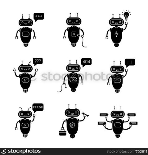 Chatbots glyph icons set. Talkbots. Typing, USB, idea, question, not found, hi, error, repair, chat bots. Modern robots. Silhouette symbols. Vector isolated illustration. Chatbots glyph icons set