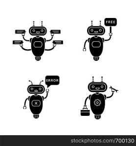 Chatbots glyph icons set. Talkbots. Virtual assistants. Support service, free, error, repair chat bots. Modern robots. Silhouette symbols. Vector isolated illustration. Chatbots glyph icons set