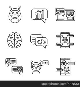 Chatbots linear icons set. Thin line contour symbols. Graph, support, code, messenger, chat bots. Modern robots. Chatterbots. Virtual assistants. Isolated vector outline illustrations. Editable stroke. Chatbots linear icons set