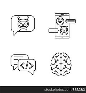 Chatbots linear icons set. Thin line contour symbols. Messenger, code and chat bots. Neural network. Modern robots. Smartphone chatterbots. Isolated vector outline illustrations. Editable stroke. Chatbots linear icons set