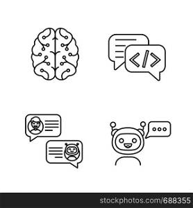 Chatbots linear icons set. Thin line contour symbols. Virtual assistants. Code, messenger, support, chat bots. Modern robots. Digital brain. Isolated vector outline illustrations. Editable stroke. Chatbots linear icons set