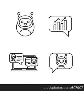 Chatbots linear icons set. Thin line contour symbols. Virtual assistants. Messenger, graph, chat bots. Modern robots. Online support chatterbots. Isolated vector outline illustrations. Editable stroke. Chatbots linear icons set