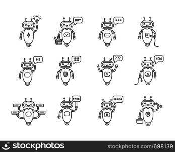 Chatbots linear icons set. Virtual assistants. Talkbots. Chat, error, buy, free, repair, idea bots. Modern robots. Thin line contour symbols. Isolated vector outline illustrations. Editable stroke. Chatbots linear icons set