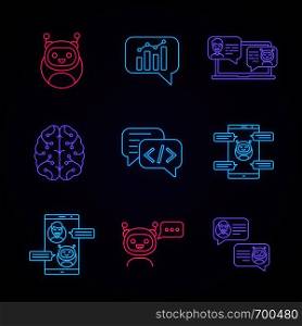Chatbots neon light icons set. Talkbots. Graph, support, code, messenger, chat bots. Modern robots. Chatterbots. Virtual assistants. Glowing signs. Vector isolated illustrations. Chatbots neon light icons set