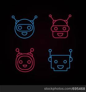 Chatbots neon light icons set. Talkbots. Laughing virtual assistants collection. Conversational agents. Modern robots. Glowing signs. Vector isolated illustrations. Chatbots neon light icons set