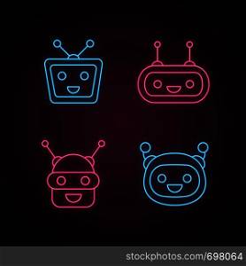 Chatbots neon light icons set. Talkbots. Laughing virtual assistants collection. Conversational agents. Modern robots. Glowing signs. Vector isolated illustrations. Chatbots neon light icons set