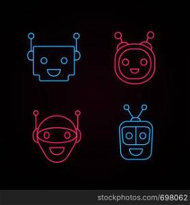 Chatbots neon light icons set. Talkbots. Laughing virtual assistants collection. Modern robots. Conversational agents. Glowing signs. Vector isolated illustrations. Chatbots neon light icons set