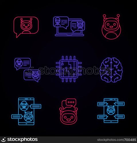Chatbots neon light icons set. Talkbots. Support service, chat, messenger bots. Modern robots. Digital brain and processor. Chatterbots. Glowing signs. Vector isolated illustrations. Chatbots neon light icons set