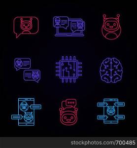 Chatbots neon light icons set. Talkbots. Support service, chat, messenger bots. Modern robots. Digital brain and processor. Chatterbots. Glowing signs. Vector isolated illustrations. Chatbots neon light icons set