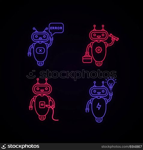Chatbots neon light icons set. Talkbots. Virtual assistants. Error, repair, USB, new idea chat bots. Modern robots. Glowing signs. Vector isolated illustrations. Chatbots neon light icons set