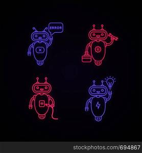 Chatbots neon light icons set. Talkbots. Virtual assistants. Error, repair, USB, new idea chat bots. Modern robots. Glowing signs. Vector isolated illustrations. Chatbots neon light icons set