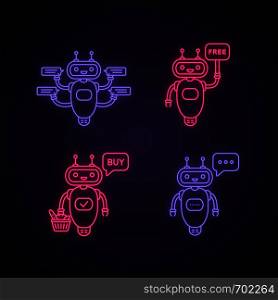 Chatbots neon light icons set. Talkbots. Virtual assistants. Support service, free, buy, typing chat bots. Modern robots. Glowing signs. Vector isolated illustrations. Chatbots neon light icons set