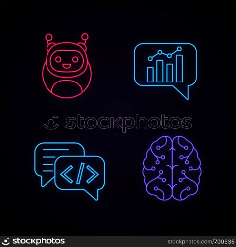 Chatbots neon light icons set. Virtual assistants. Code, statistics, support chat bots. Modern robots. Digital brain. Chatterbots. AI. Glowing signs. Vector isolated illustrations. Chatbots neon light icons set