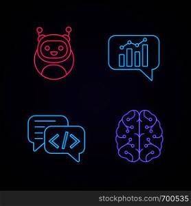 Chatbots neon light icons set. Virtual assistants. Code, statistics, support chat bots. Modern robots. Digital brain. Chatterbots. AI. Glowing signs. Vector isolated illustrations. Chatbots neon light icons set