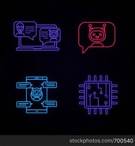 Chatbots neon light icons set. Virtual assistants. Messenger and chat bots. Processor. Modern robots. Smartphone chatterbots. Glowing signs. Vector isolated illustrations. Chatbots neon light icons set