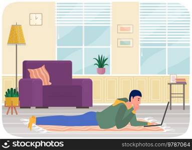 Chatting, communication and sending messages via Internet. Man is lying and using laptop to chat. Typing on computer keyboard, online home relaxation. Guy spends time at laptop for communication. Man is lying and using laptop to chat. Guy spends time at computer for communication, chatting