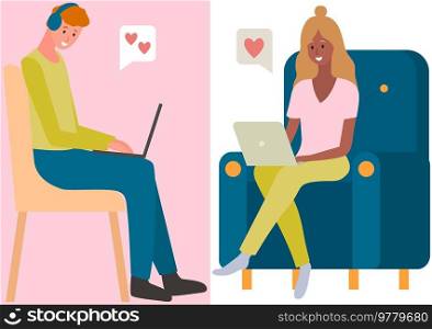 Chatting, communication and sending messages via Internet. People in relationship using laptops, computers to chat. Spending time at laptop for communication. Lovers man and woman social networking. People in relationship using laptops, computers to chat. Lovers man and woman social networking