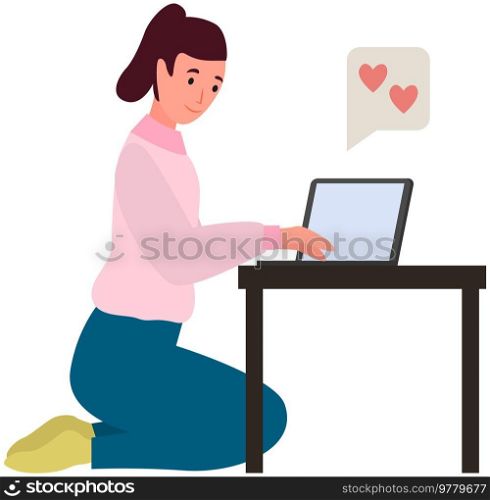 Chatting, communication and sending messages via Internet. Woman is using laptop to chat at home. Typing on computer keyboard, online home relax. Girl spends time at laptop for communication. Girl spends time at laptop for chatting, online communication and sending messages via Internet