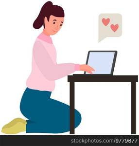 Chatting, communication and sending messages via Internet. Woman is using laptop to chat at home. Typing on computer keyboard, online home relax. Girl spends time at laptop for communication. Girl spends time at laptop for chatting, online communication and sending messages via Internet