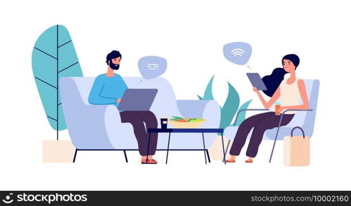 Chatting couple. Persons in online conversations. Modern family evening time. Man and woman with gadgets vector illustration. Online conversation communication, woman and man with gadgets. Chatting couple. Persons in online conversations. Modern family evening time. Man and woman with gadgets vector illustration