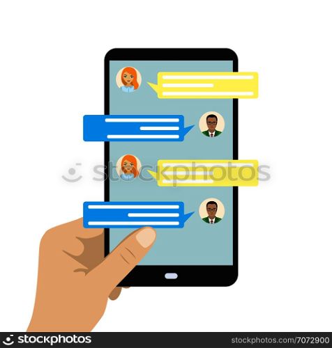 Chatting on phone, online conversation with texting message. Messaging using cell phone, illustration of screen with messaging, flat design concept, vector. Chatting on phone, online conversation with texting message