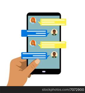 Chatting on phone, online conversation with texting message. Messaging using cell phone, illustration of screen with messaging, flat design concept, vector. Chatting on phone, online conversation with texting message