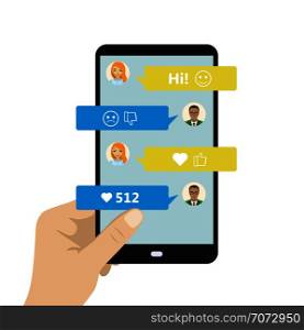 Chatting on phone, online conversation with texting message. Messaging using cell phone, illustration of screen with messaging, flat design concept, vector illustration.. Chatting on phone, online conversation with texting message