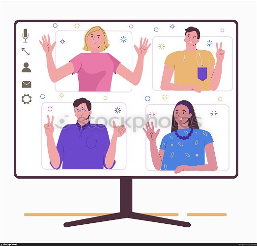 Chatting on the Internet with friends. Social networks and communication. Video message and letters. Refer a friend. Group of people. Flat illustration isolated on a white background.. Chatting on the Internet with friends. Social networks and communication. Video message and letters. Refer a friend. Group of people. Flat illustration