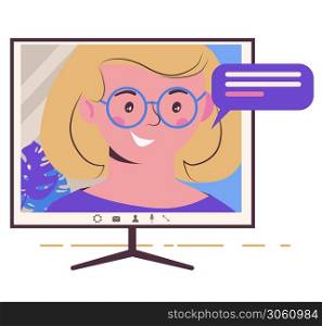 Chatting online. Girl on the monitor screen. Work at home, freelance, remote work as a team. Service for communication. Flat illustration isolated on white background. Virtual conference.. Chatting online. Girl on the monitor screen. Work at home, freelance, remote work as a team. Service for communication. Flat illustration isolated on white background.