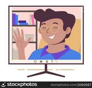Chatting online. Man on the monitor screen. Work at home, freelance, remote work as a team. Service for communication. Flat illustration isolated on white background. Virtual conference.. Chatting online. Man on the monitor screen. Work at home, freelance, remote work as a team. Service for communication. Flat illustration isolated on white background.