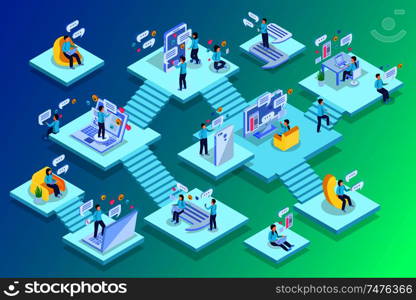 Chatting people home private business commerce work multi level isometric compositions with staircases green background vector illustration