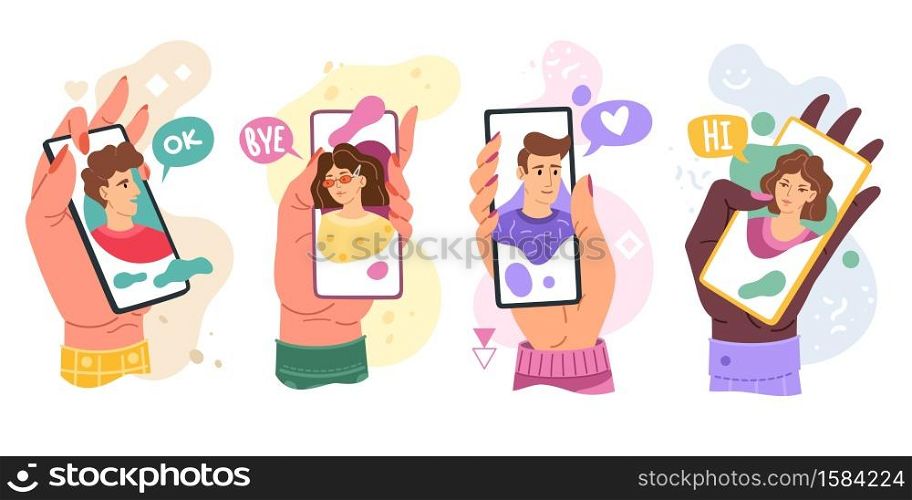 Chatting phones. Modern hands with smartphones video messaging. Phones screens with people faces, facetime video link apps, online communication with friend cartoon flat vector bright isolated set. Chatting phones. Hands with smartphones video messaging. Phones screens with people faces, facetime video link apps, online communication with friend cartoon flat vector bright set