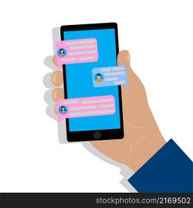 Chatting screen sign. Phone symbol. Man hand. Online message. Communication concept. Vector illustration. Stock image. EPS 10.. Chatting screen sign. Phone symbol. Man hand. Online message. Communication concept. Vector illustration. Stock image.